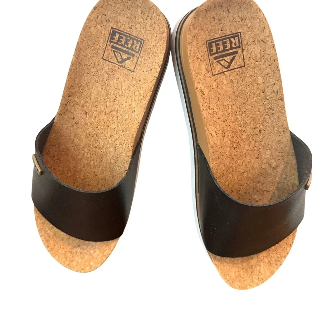 Reef Cushion‎ Scout Hi Black Platform Slide Sandals with Cork Footbed Women's 7